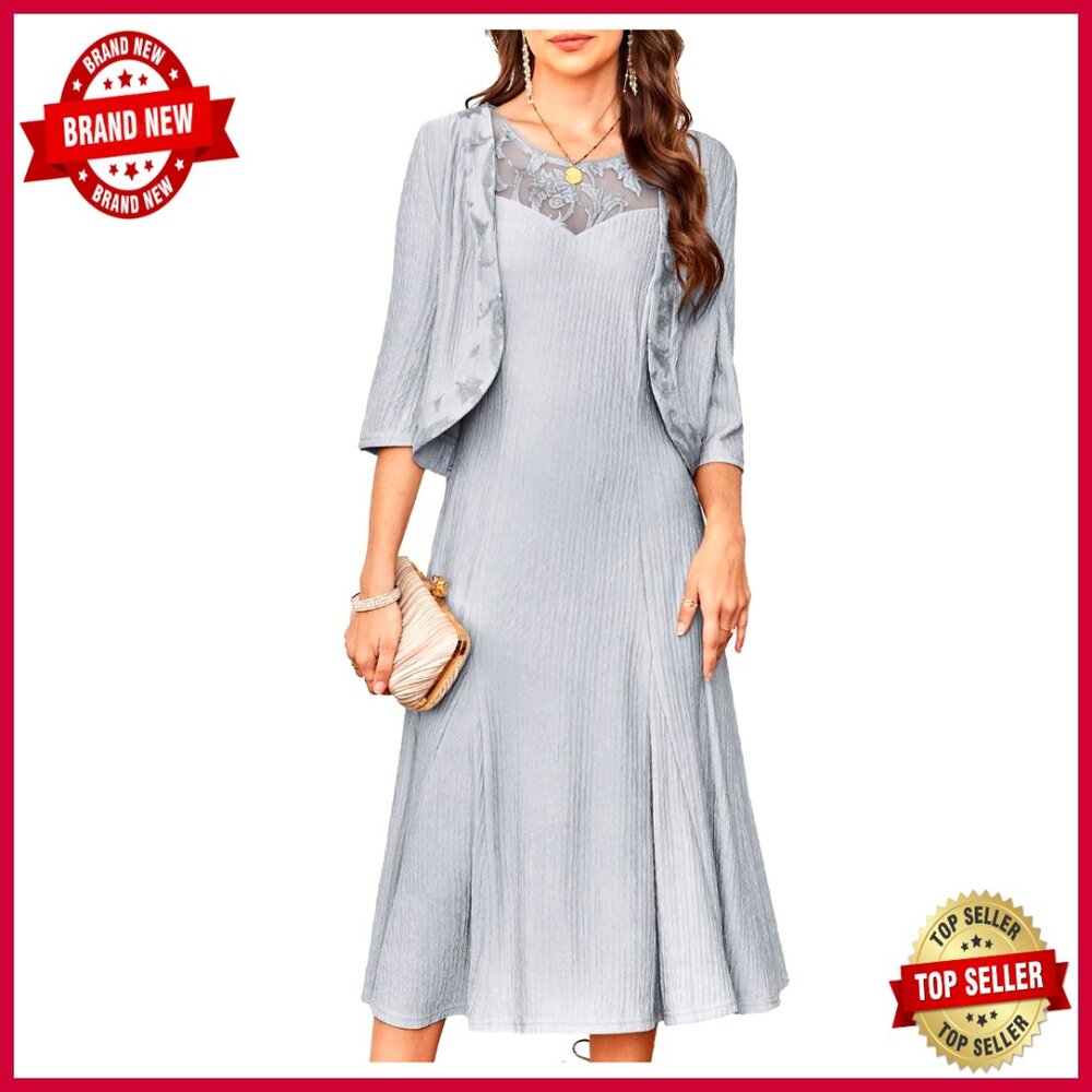 Sleeveless Lace Jacket Midi Dress, Sequined Formal Evening Wear For Women